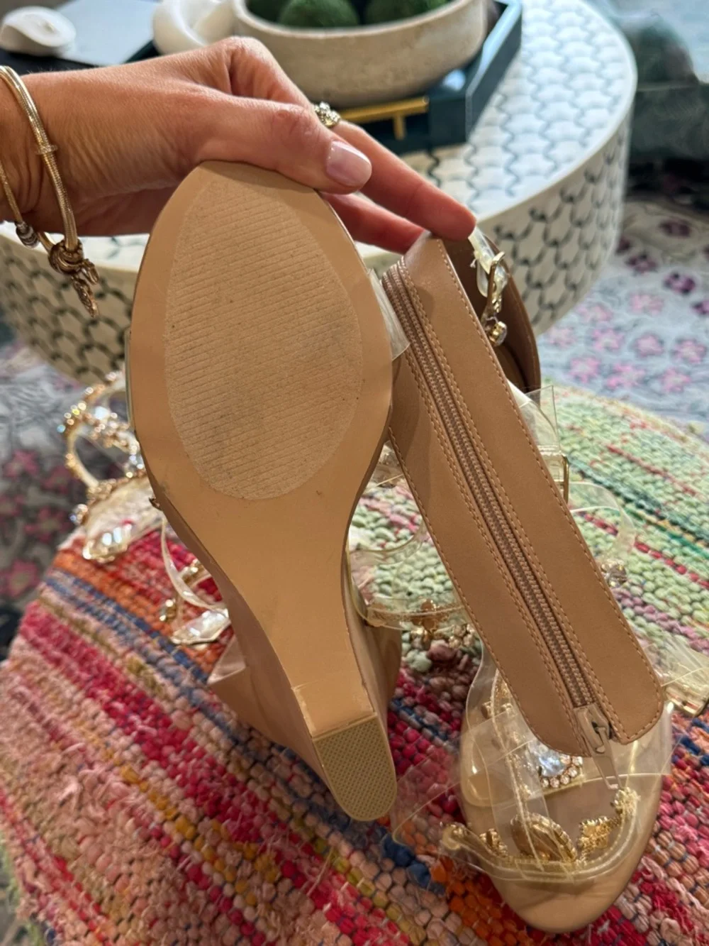 🤎💎 Crystal‎ Embellished Clear Gladiator Wedge Sandals - Nude